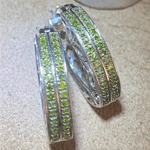 QVC Elegant Sterling Silver Earrings with Vibrant Green Diamonds. - Picture 2 of 7
